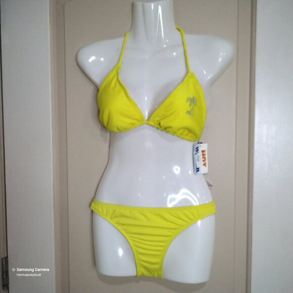 Rampage Swim Yellow String Bikini Set Left Silver Rhinestone Palm Tree NWT L - Picture 5 of 5